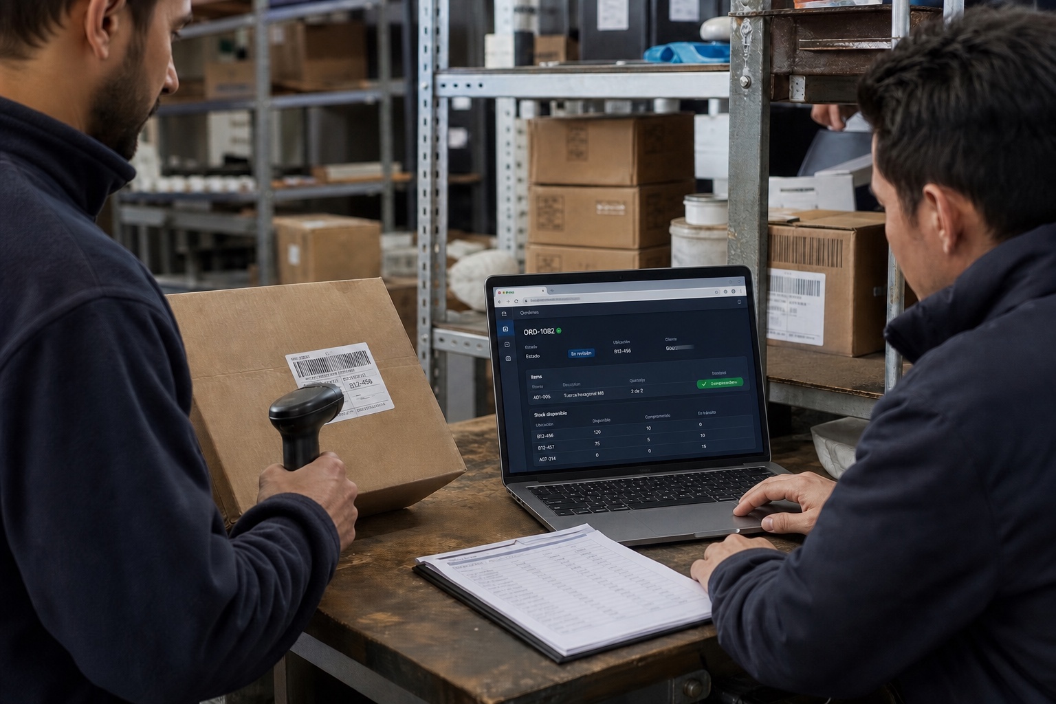 Operador escanea una caja mientras un sistema abierto en una notebook valida el pedido y el stock