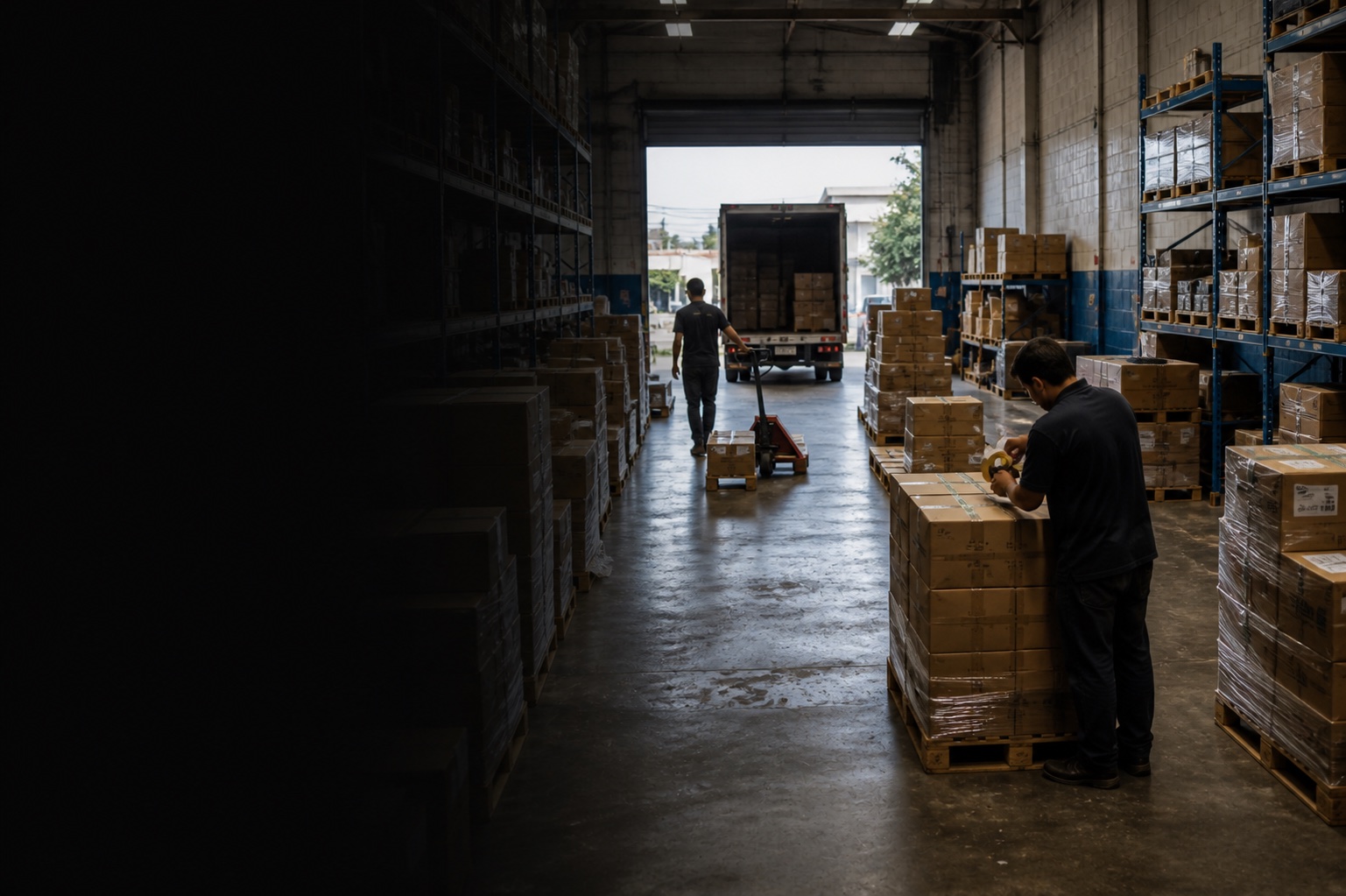Dos trabajadores preparando mercadería en un depósito durante una jornada de despacho